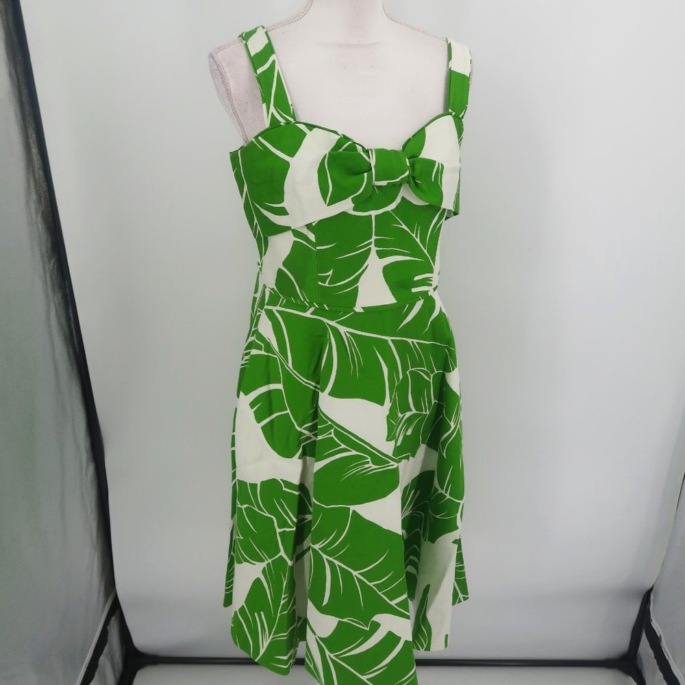 Kate Spade Green Tropical Leaf Fit and Flare Dress w Bow Front Size 10